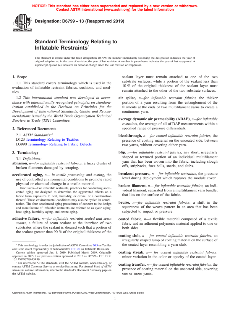 ASTM D6799-13(2019) - Standard Terminology Relating to  Inflatable Restraints