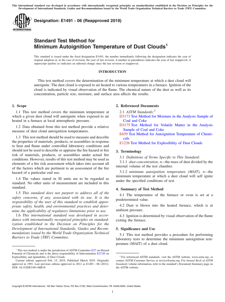 ASTM E1491-06(2019) - Standard Test Method for  Minimum Autoignition Temperature of Dust Clouds