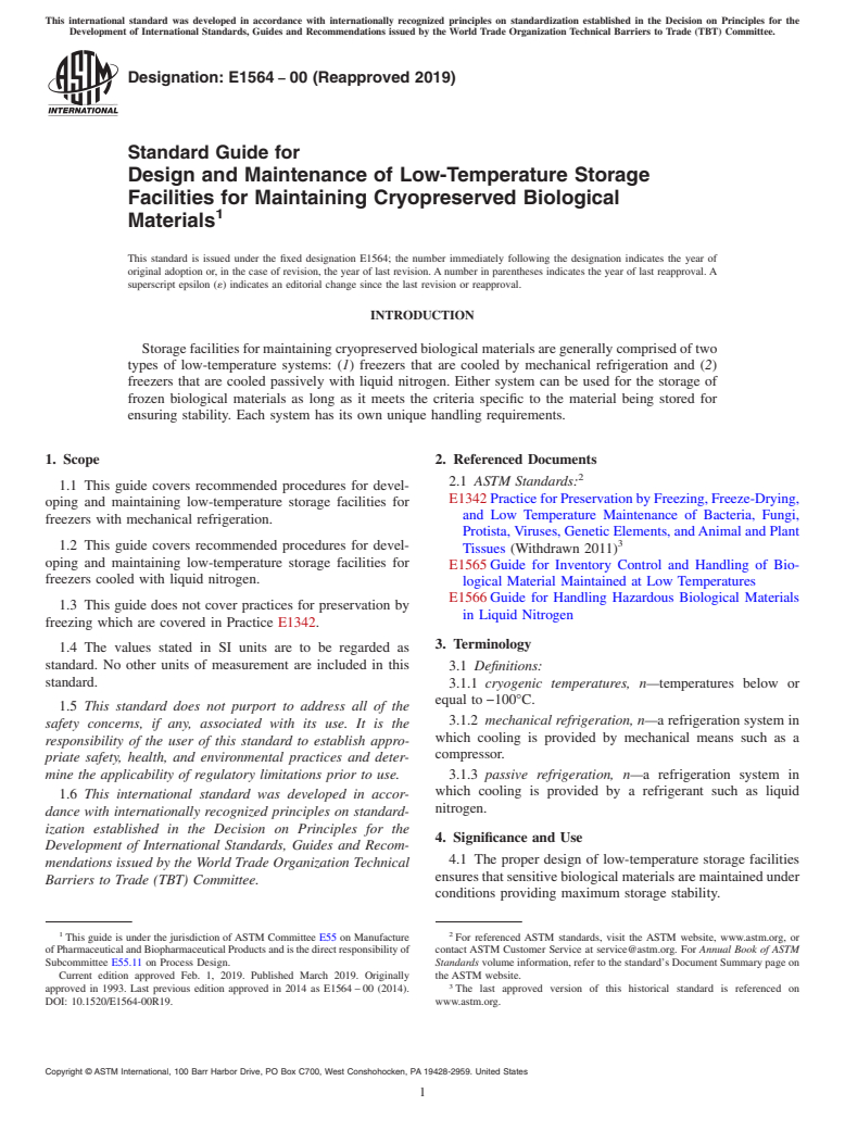 ASTM E1564-00(2019) - Standard Guide for  Design and Maintenance of Low-Temperature Storage Facilities  for Maintaining Cryopreserved Biological Materials