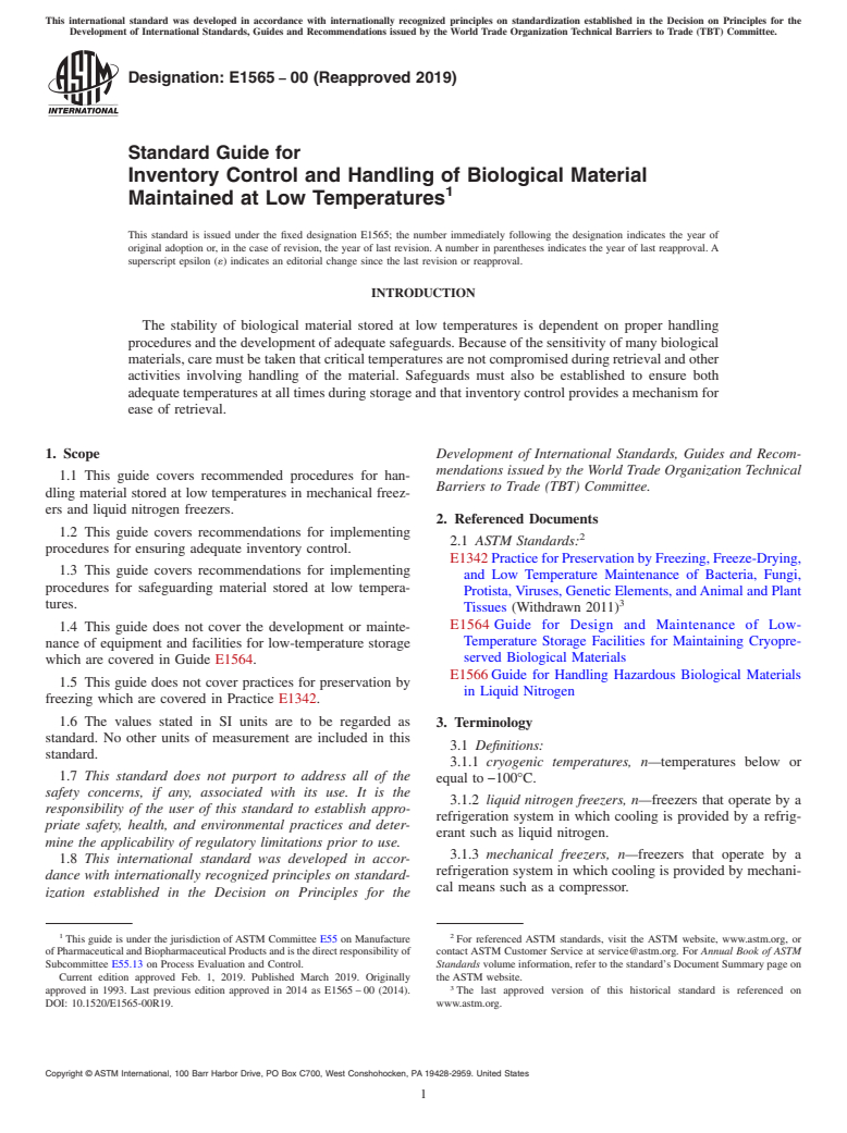 ASTM E1565-00(2019) - Standard Guide for  Inventory Control and Handling of Biological Material Maintained  at Low Temperatures