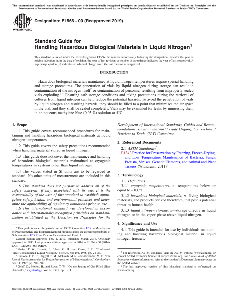 ASTM E1566-00(2019) - Standard Guide for  Handling Hazardous Biological Materials in Liquid Nitrogen