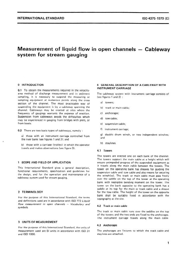 ISO 4375:1979 - Measurement of liquid flow in open channels -- Cableway system for stream gauging