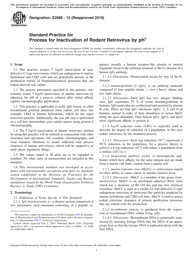 ASTM E2888-12(2019) - Standard Practice for Process for Inactivation of Rodent Retrovirus by pH