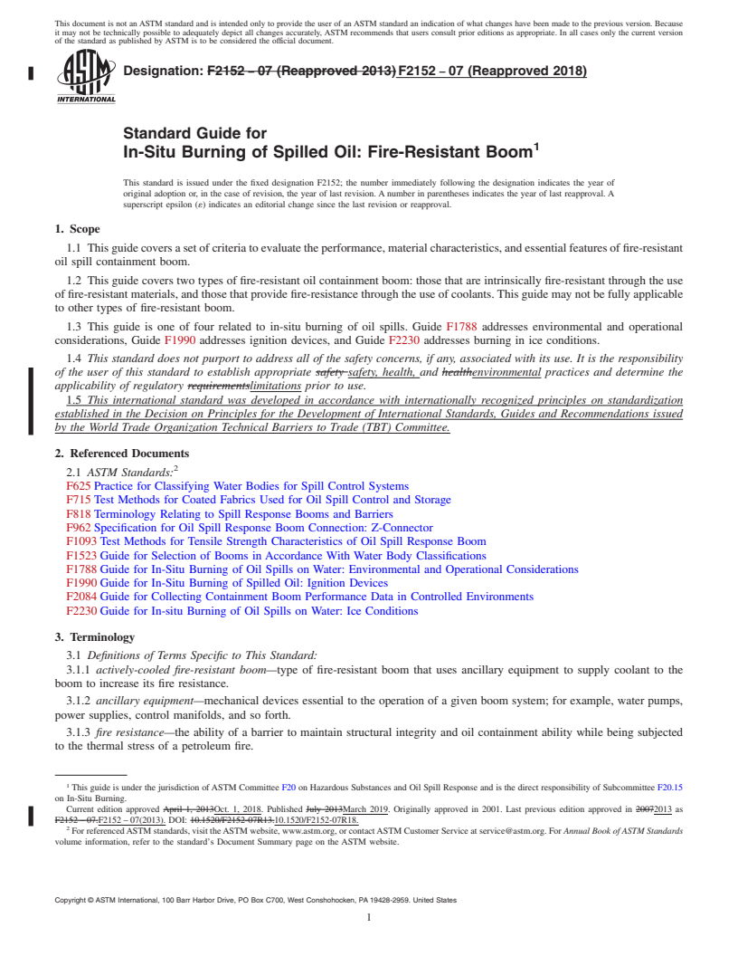 REDLINE ASTM F2152-07(2018) - Standard Guide for  In-Situ Burning of Spilled Oil: Fire-Resistant Boom