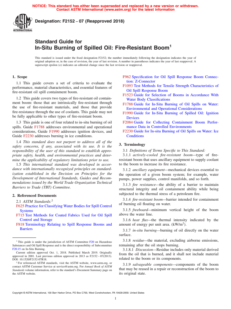 ASTM F2152-07(2018) - Standard Guide for  In-Situ Burning of Spilled Oil: Fire-Resistant Boom