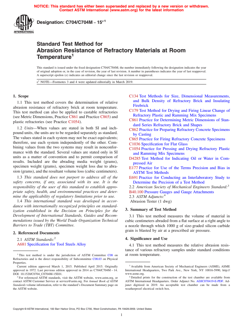 ASTM C704/C704M-15e1 - Standard Test Method for  Abrasion Resistance of Refractory Materials at Room Temperature