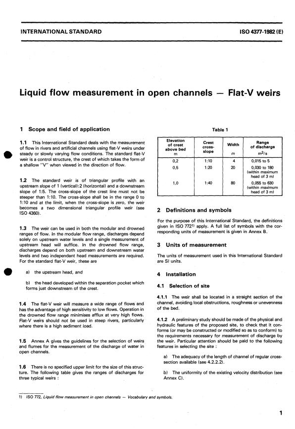 ISO 4377:1982 - Liquid flow measurement in open channels -- Flat-V weirs