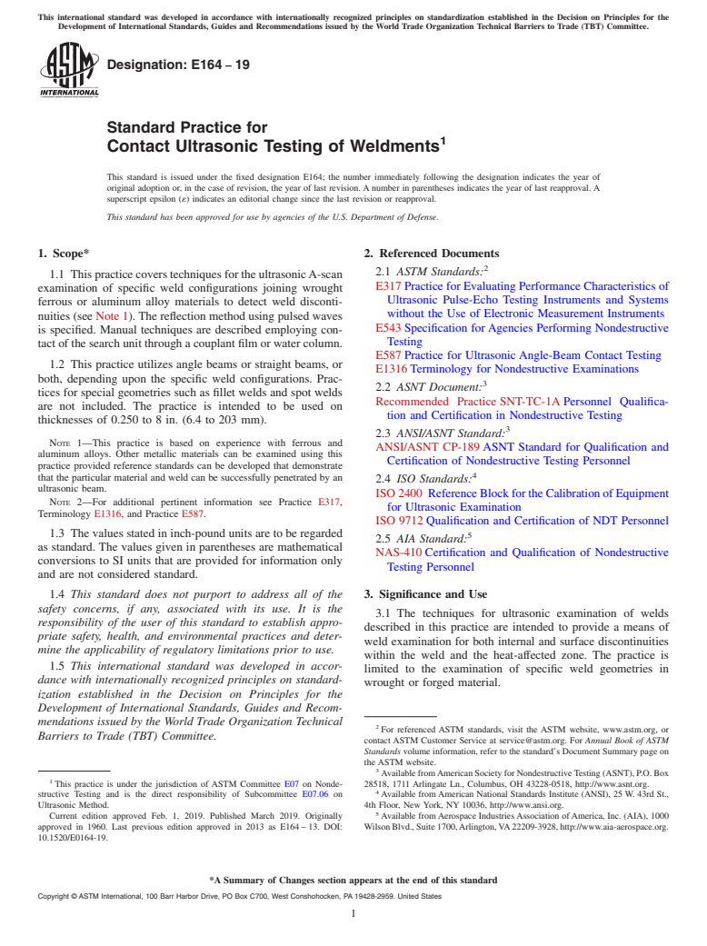 ASTM E164-19 - Standard Practice for  Contact Ultrasonic Testing of Weldments
