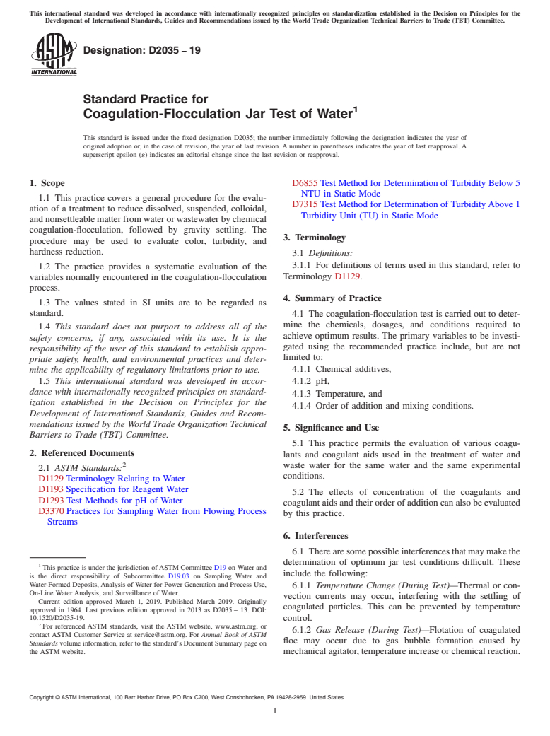 ASTM D2035-19 - Standard Practice for  Coagulation-Flocculation Jar Test of Water