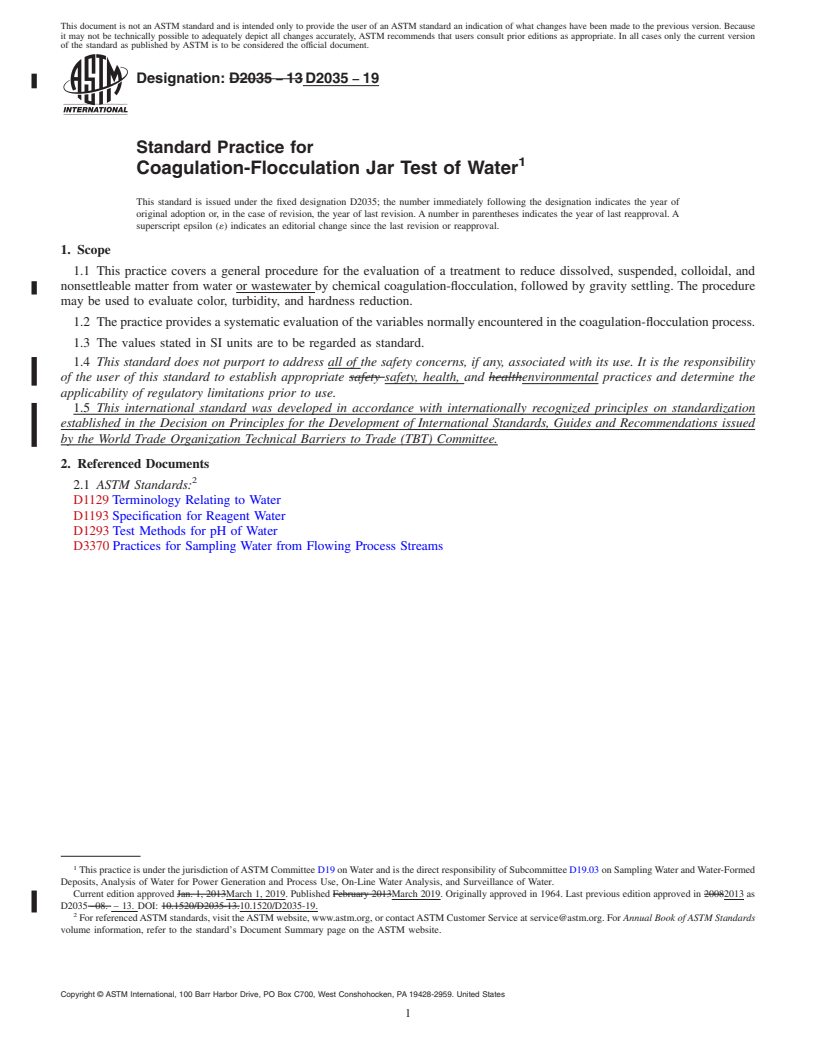 REDLINE ASTM D2035-19 - Standard Practice for  Coagulation-Flocculation Jar Test of Water