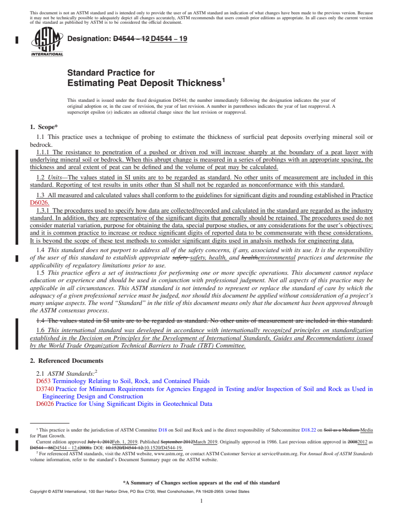 REDLINE ASTM D4544-19 - Standard Practice for  Estimating Peat Deposit Thickness