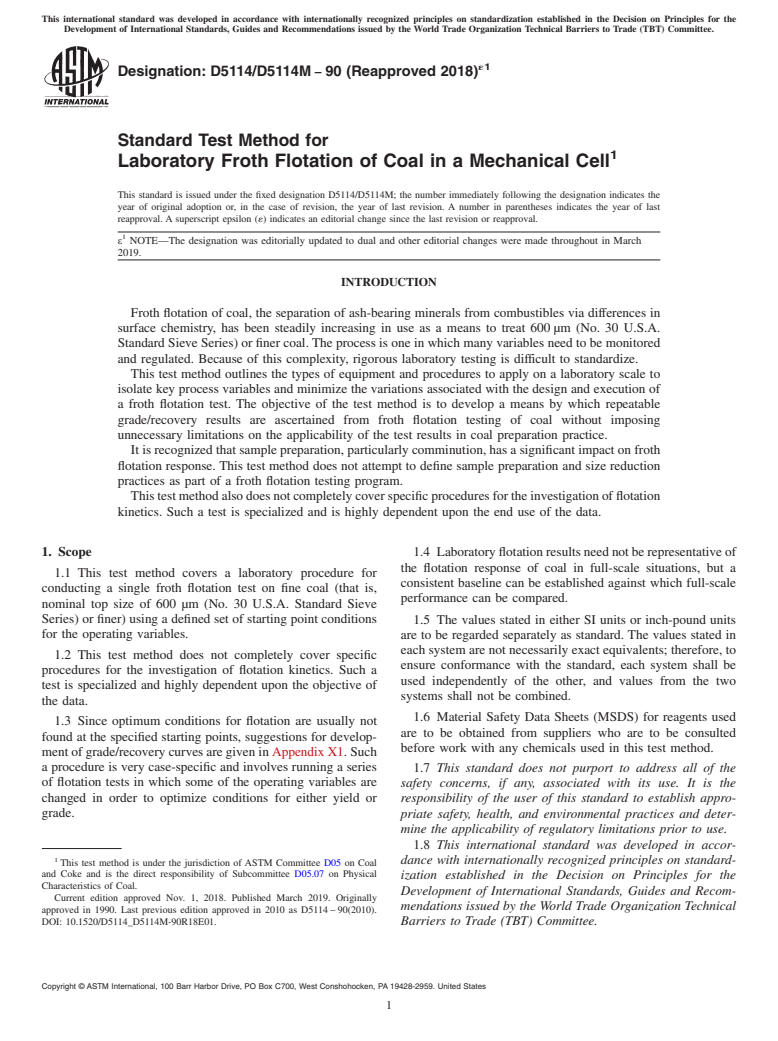 ASTM D5114/D5114M-90(2018)e1 - Standard Test Method for  Laboratory Froth Flotation of Coal in a Mechanical Cell