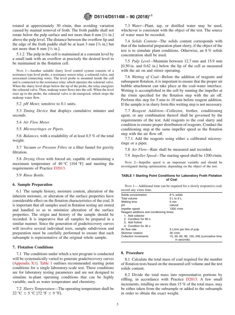 ASTM D5114/D5114M-90(2018)e1 - Standard Test Method for  Laboratory Froth Flotation of Coal in a Mechanical Cell