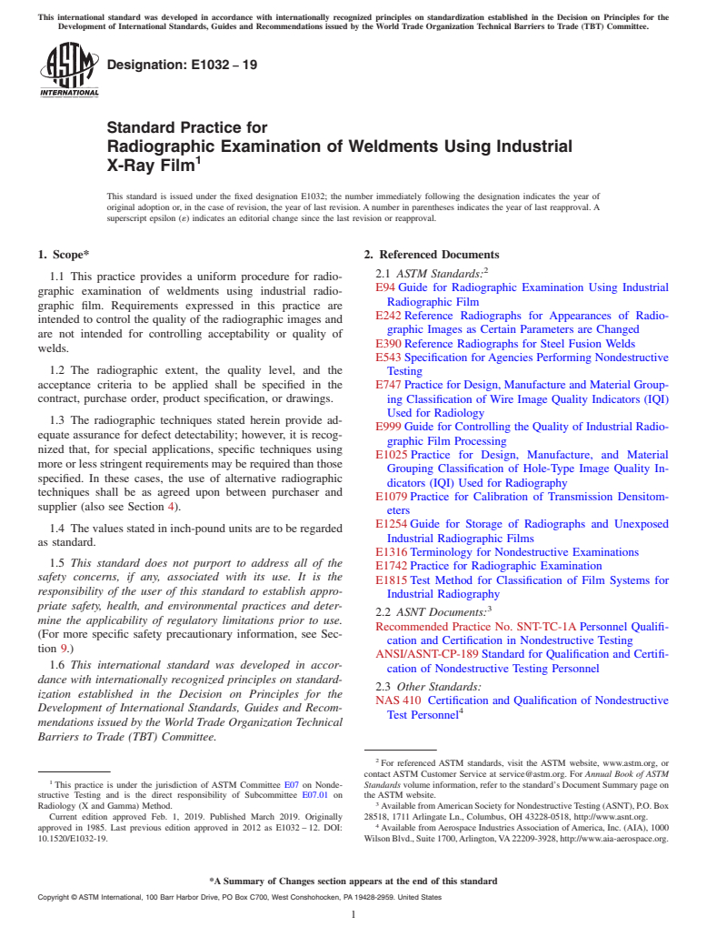ASTM E1032-19 - Standard Practice for  Radiographic Examination of Weldments Using Industrial X-Ray  Film
