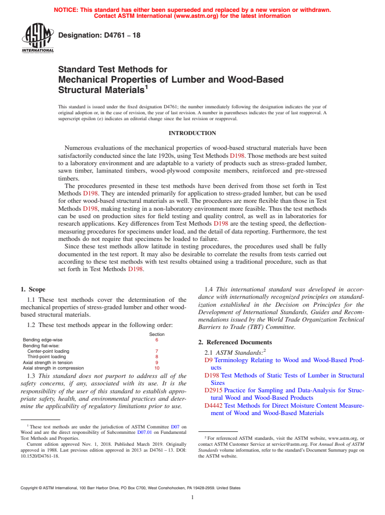 ASTM D4761-18 - Standard Test Methods for Mechanical Properties of Lumber and Wood-Based Structural Materials