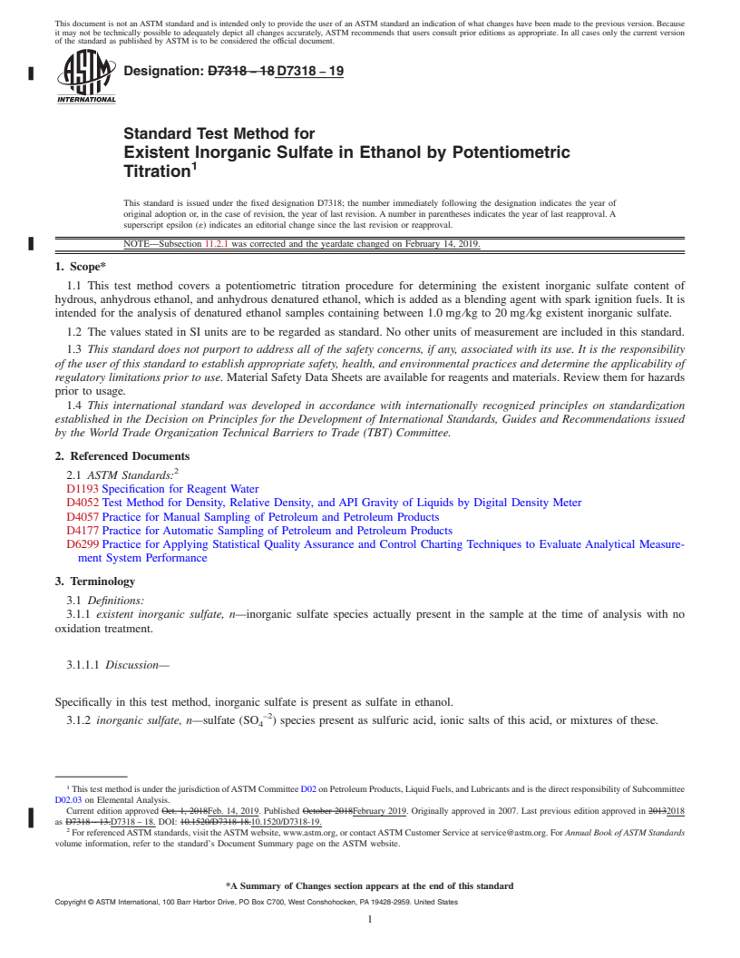 REDLINE ASTM D7318-19 - Standard Test Method for  Existent Inorganic Sulfate in Ethanol by Potentiometric Titration