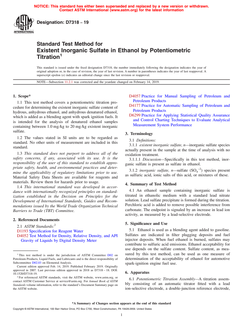 ASTM D7318-19 - Standard Test Method for  Existent Inorganic Sulfate in Ethanol by Potentiometric Titration