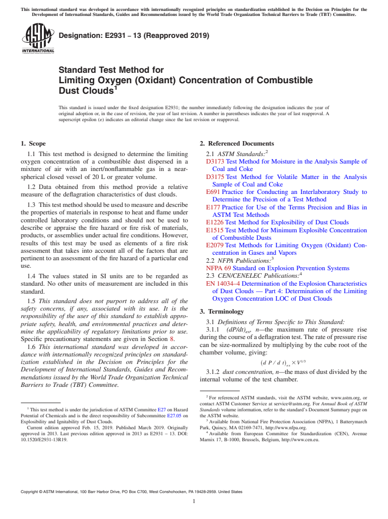 ASTM E2931-13(2019) - Standard Test Method for Limiting Oxygen (Oxidant) Concentration of Combustible Dust  Clouds