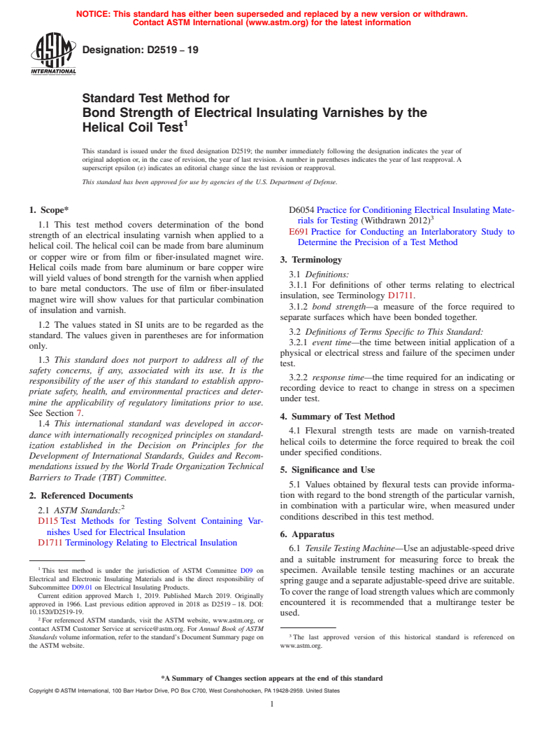 ASTM D2519-19 - Standard Test Method for  Bond Strength of Electrical Insulating Varnishes by the Helical   Coil Test