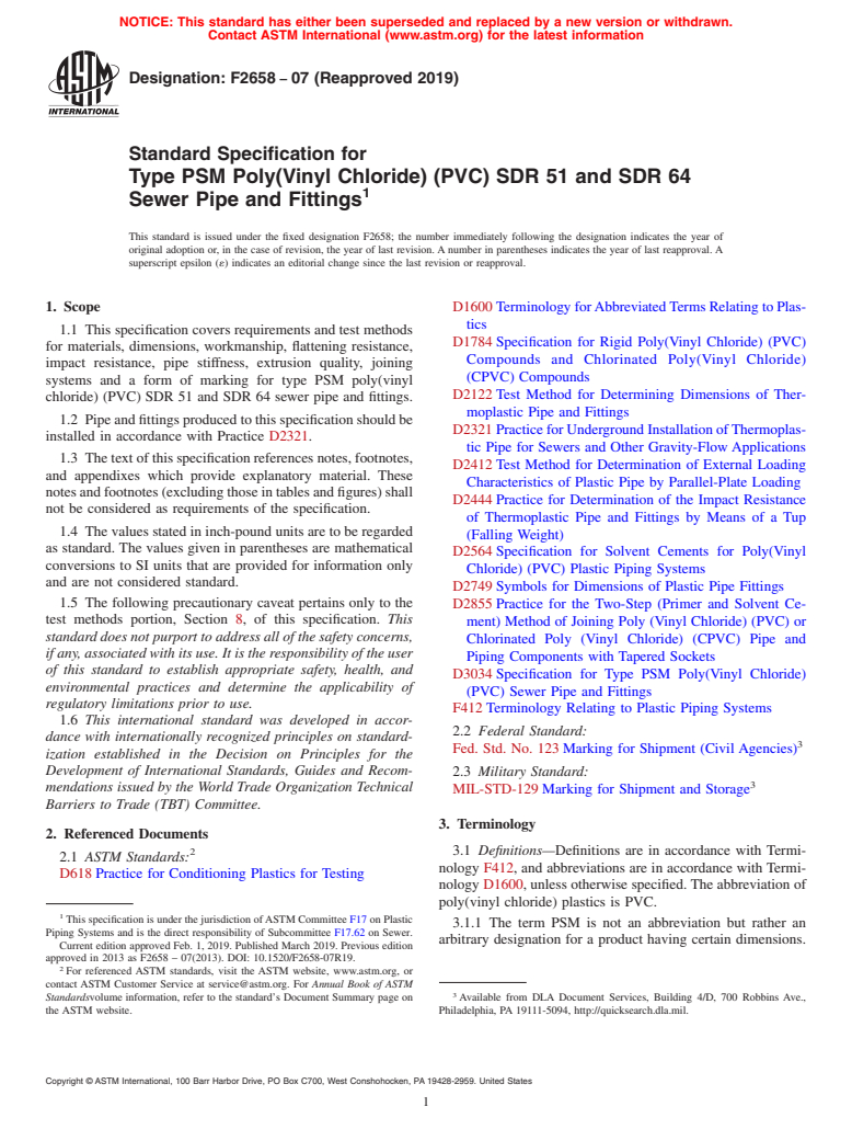 ASTM F2658-07(2019) - Standard Specification for  Type PSM Poly(Vinyl Chloride) (PVC) SDR 51 and SDR 64 Sewer  Pipe and Fittings