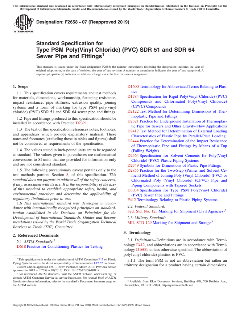 ASTM F2658-07(2019) - Standard Specification for  Type PSM Poly(Vinyl Chloride) (PVC) SDR 51 and SDR 64 Sewer  Pipe and Fittings