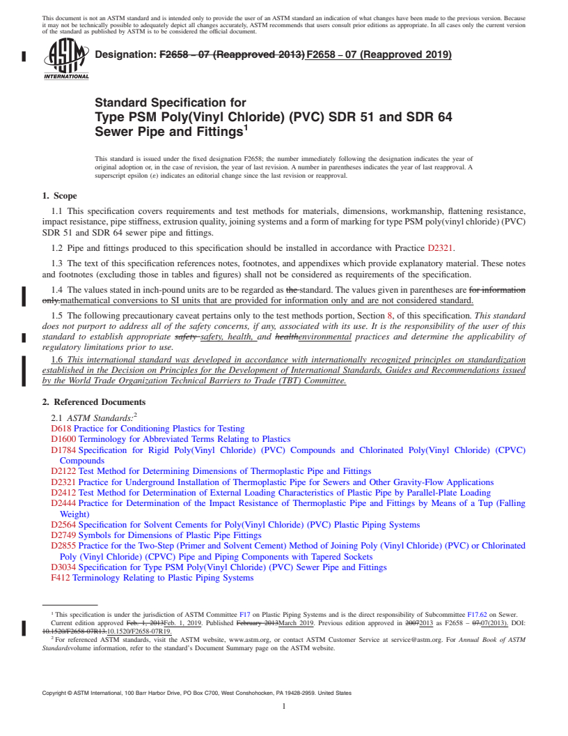 REDLINE ASTM F2658-07(2019) - Standard Specification for  Type PSM Poly(Vinyl Chloride) (PVC) SDR 51 and SDR 64 Sewer  Pipe and Fittings