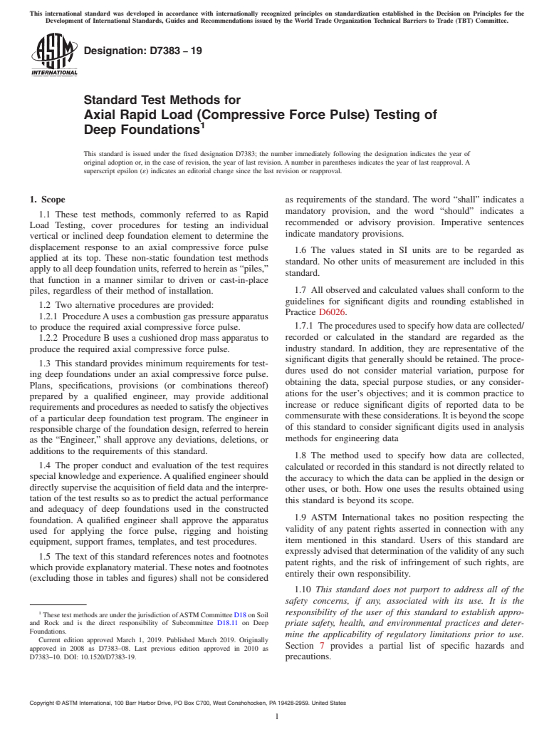 ASTM D7383-19 - Standard Test Methods for  Axial Rapid Load (Compressive Force Pulse) Testing of Deep  Foundations