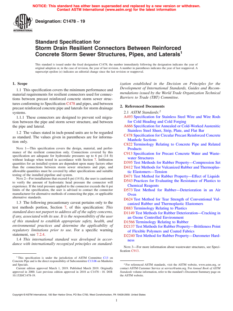 ASTM C1478-19 - Standard Specification for  Storm Drain Resilient Connectors Between Reinforced Concrete  Storm Sewer Structures, Pipes, and Laterals