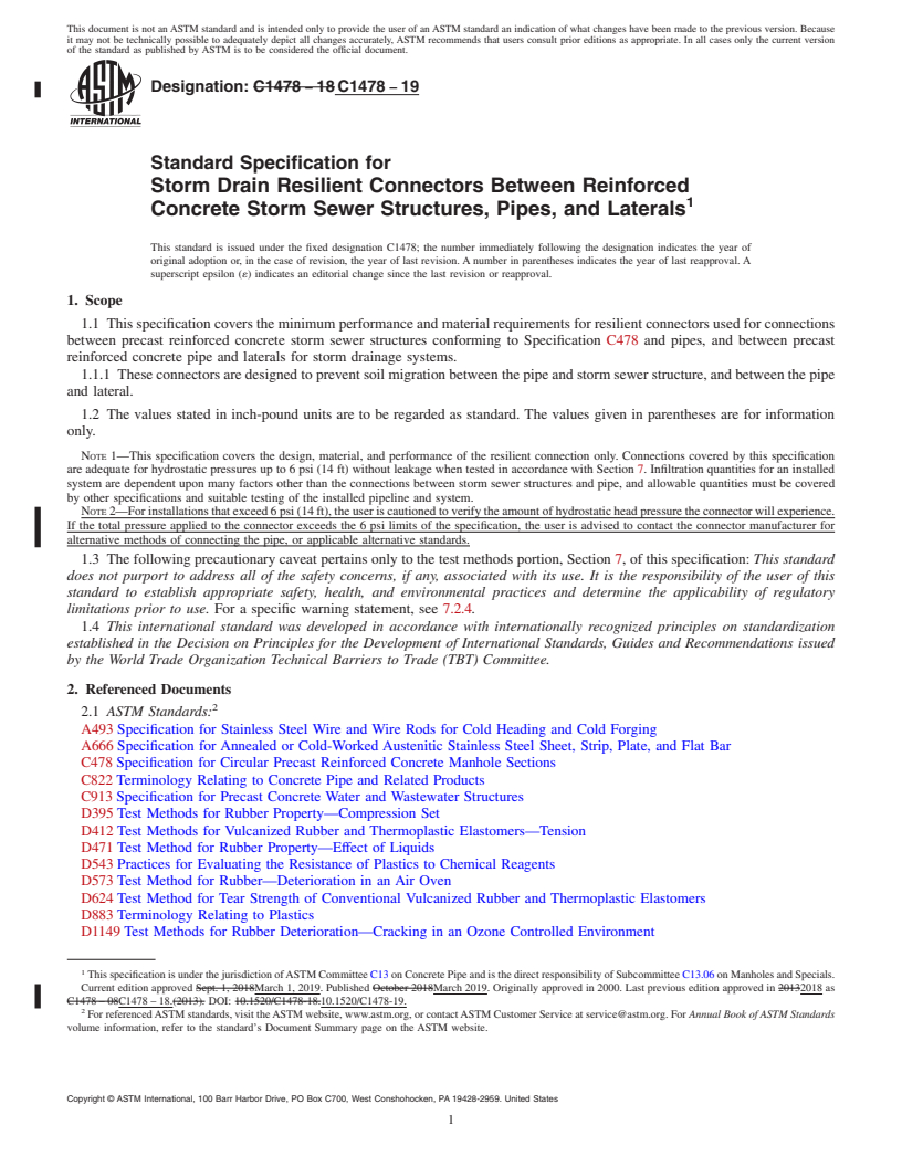 REDLINE ASTM C1478-19 - Standard Specification for  Storm Drain Resilient Connectors Between Reinforced Concrete  Storm Sewer Structures, Pipes, and Laterals