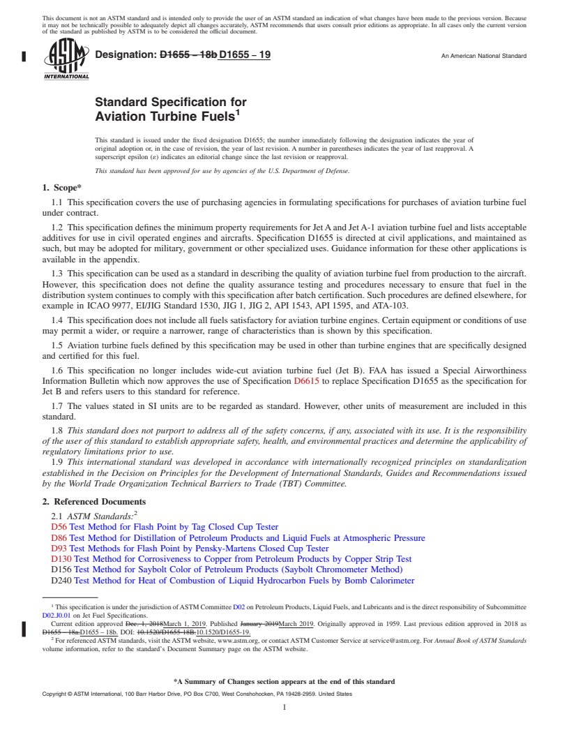 REDLINE ASTM D1655-19 - Standard Specification for Aviation Turbine Fuels