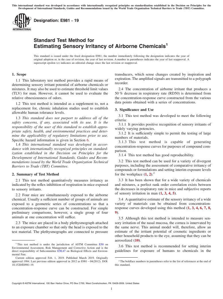 ASTM E981-19 - Standard Test Method for  Estimating Sensory Irritancy of Airborne Chemicals