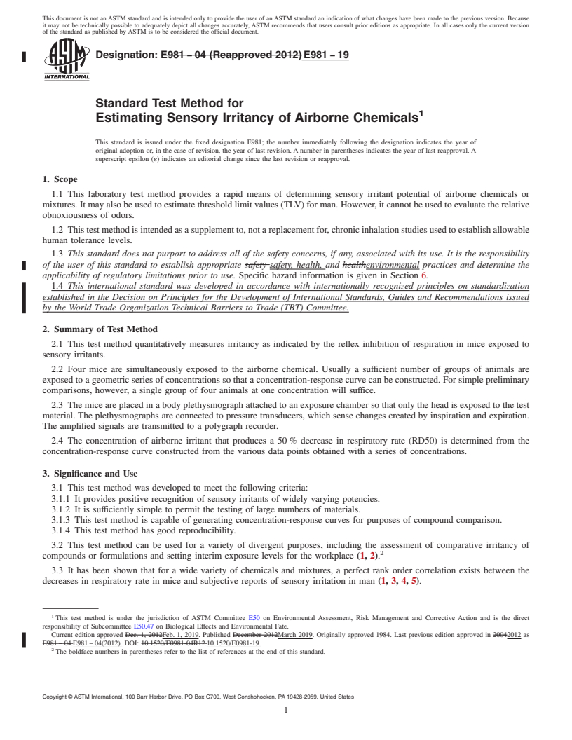 REDLINE ASTM E981-19 - Standard Test Method for  Estimating Sensory Irritancy of Airborne Chemicals