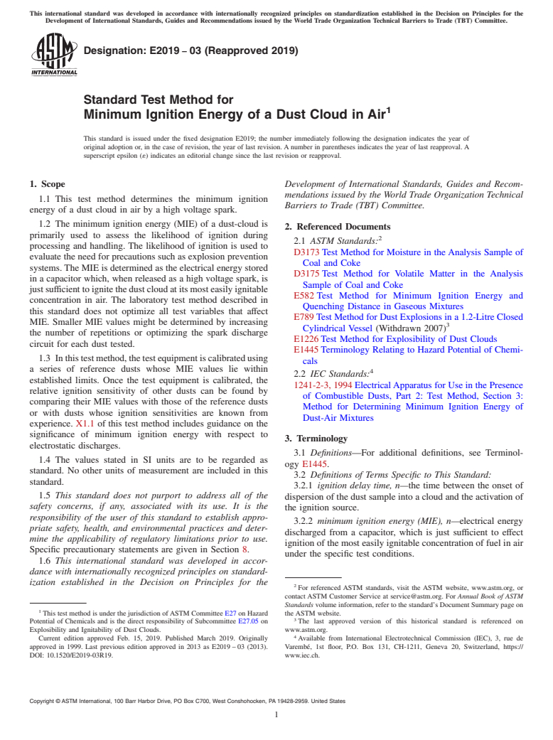 ASTM E2019-03(2019) - Standard Test Method for  Minimum Ignition Energy of a Dust Cloud in Air