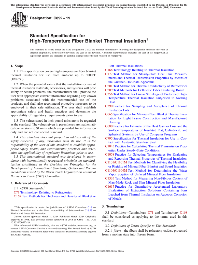 ASTM C892-19 - Standard Specification for High-Temperature Fiber Blanket Thermal Insulation