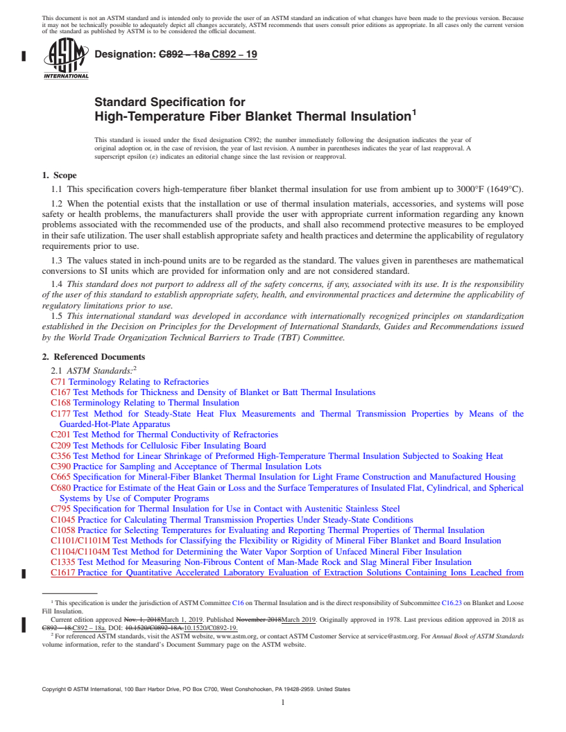 REDLINE ASTM C892-19 - Standard Specification for High-Temperature Fiber Blanket Thermal Insulation