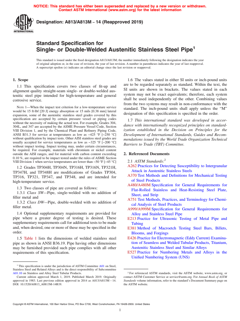 ASTM A813/A813M-14(2019) - Standard Specification for  Single- or Double-Welded Austenitic Stainless Steel Pipe