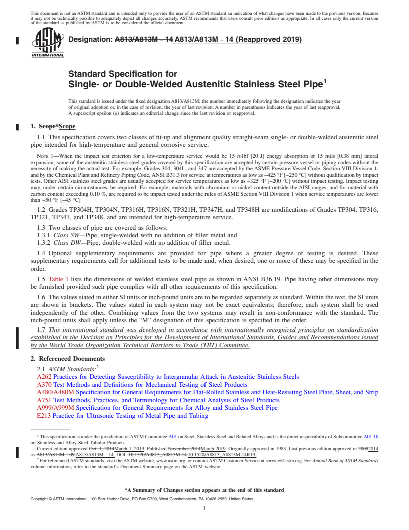 REDLINE ASTM A813/A813M-14(2019) - Standard Specification for  Single- or Double-Welded Austenitic Stainless Steel Pipe