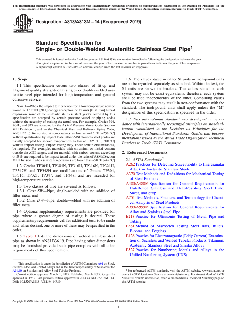 ASTM A813/A813M-14(2019) - Standard Specification for  Single- or Double-Welded Austenitic Stainless Steel Pipe