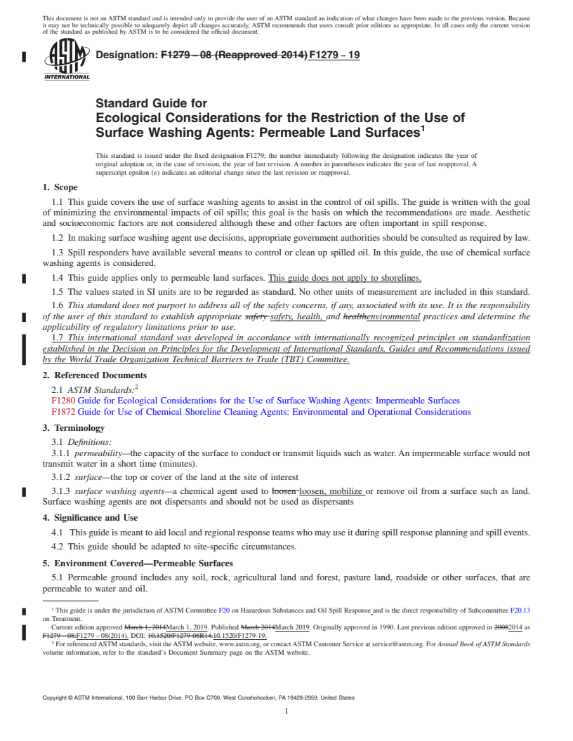 REDLINE ASTM F1279-19 - Standard Guide for  Ecological Considerations for the Restriction of the Use of  Surface Washing Agents: Permeable Land Surfaces