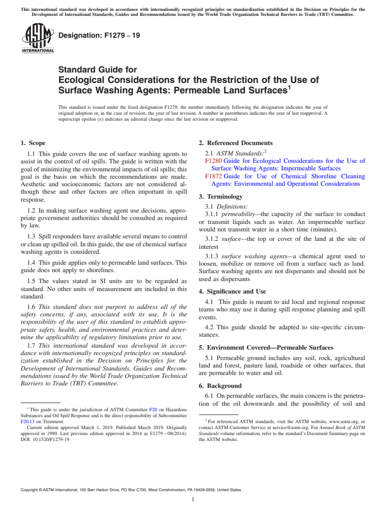 ASTM F1279-19 - Standard Guide for  Ecological Considerations for the Restriction of the Use of  Surface Washing Agents: Permeable Land Surfaces