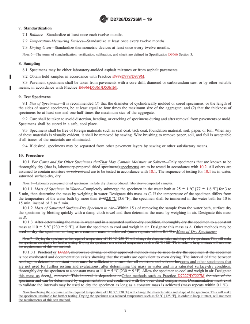 REDLINE ASTM D2726/D2726M-19 - Standard Test Method for Bulk Specific Gravity and Density of Non-Absorptive Compacted  Asphalt Mixtures