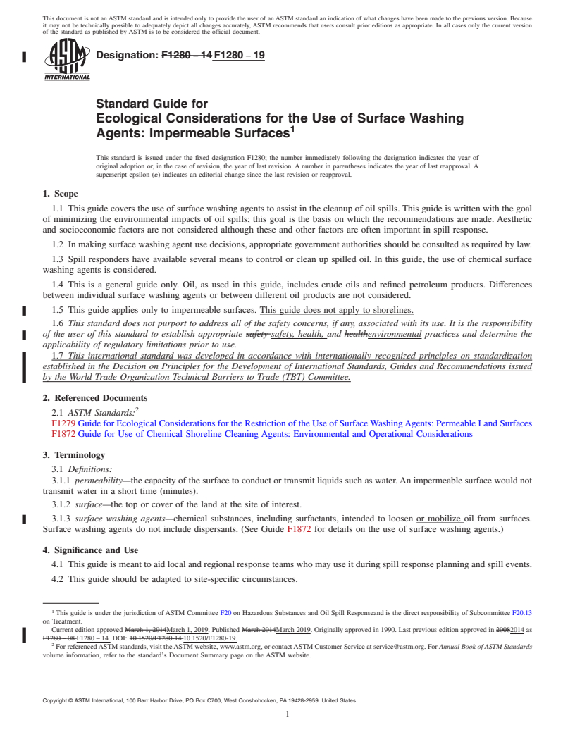 REDLINE ASTM F1280-19 - Standard Guide for  Ecological Considerations for the Use of Surface Washing Agents:  Impermeable Surfaces