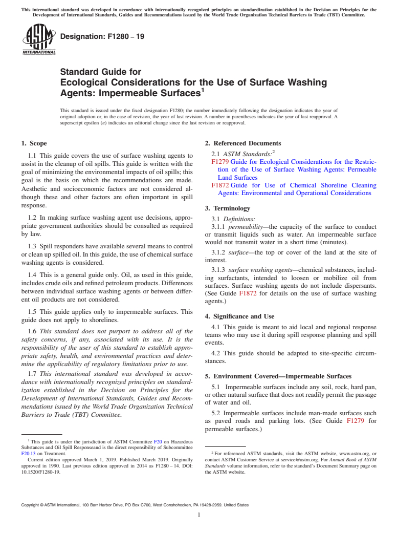 ASTM F1280-19 - Standard Guide for  Ecological Considerations for the Use of Surface Washing Agents:  Impermeable Surfaces