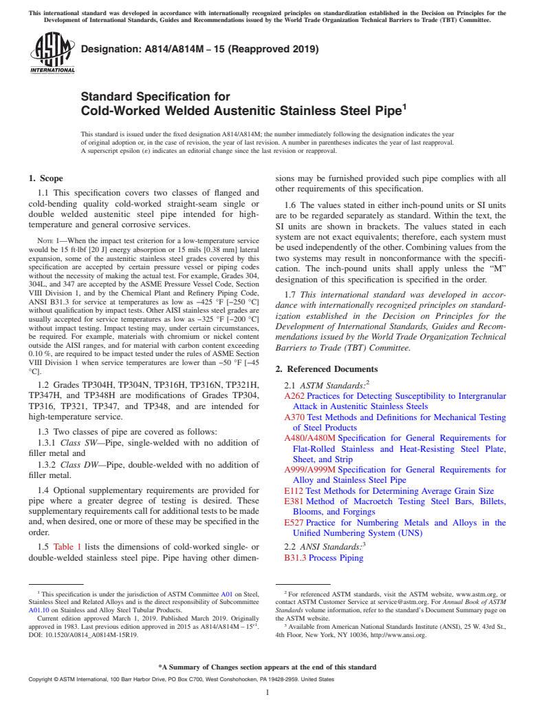 ASTM A814/A814M-15(2019) - Standard Specification for  Cold-Worked Welded Austenitic Stainless Steel Pipe