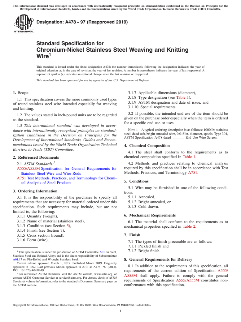 ASTM A478-97(2019) - Standard Specification for  Chromium-Nickel Stainless Steel Weaving and Knitting Wire