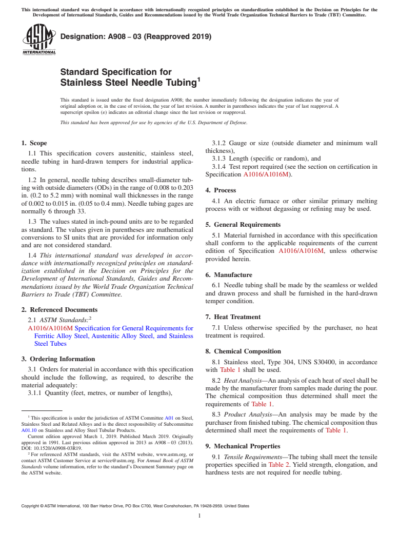 ASTM A908-03(2019) - Standard Specification for  Stainless Steel Needle Tubing