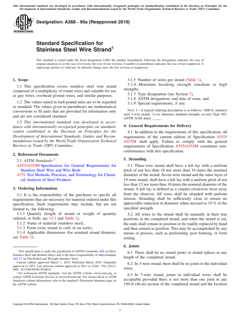 ASTM A368-95a(2019) - Standard Specification for  Stainless Steel Wire Strand