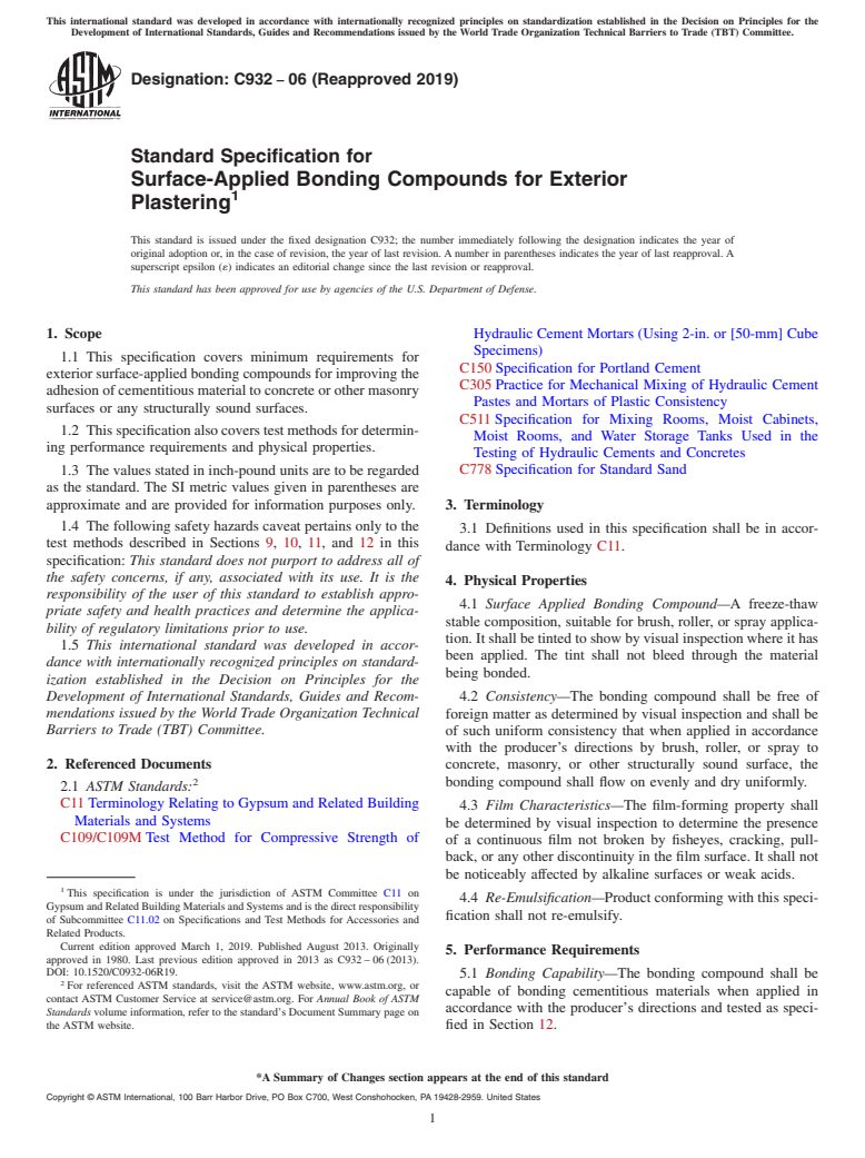 ASTM C932-06(2019) - Standard Specification for  Surface-Applied Bonding Compounds for Exterior Plastering