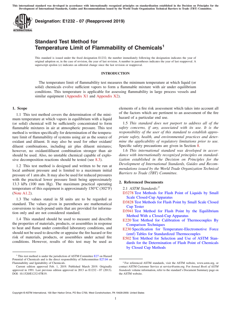 ASTM E1232-07(2019) - Standard Test Method for  Temperature Limit of Flammability of Chemicals