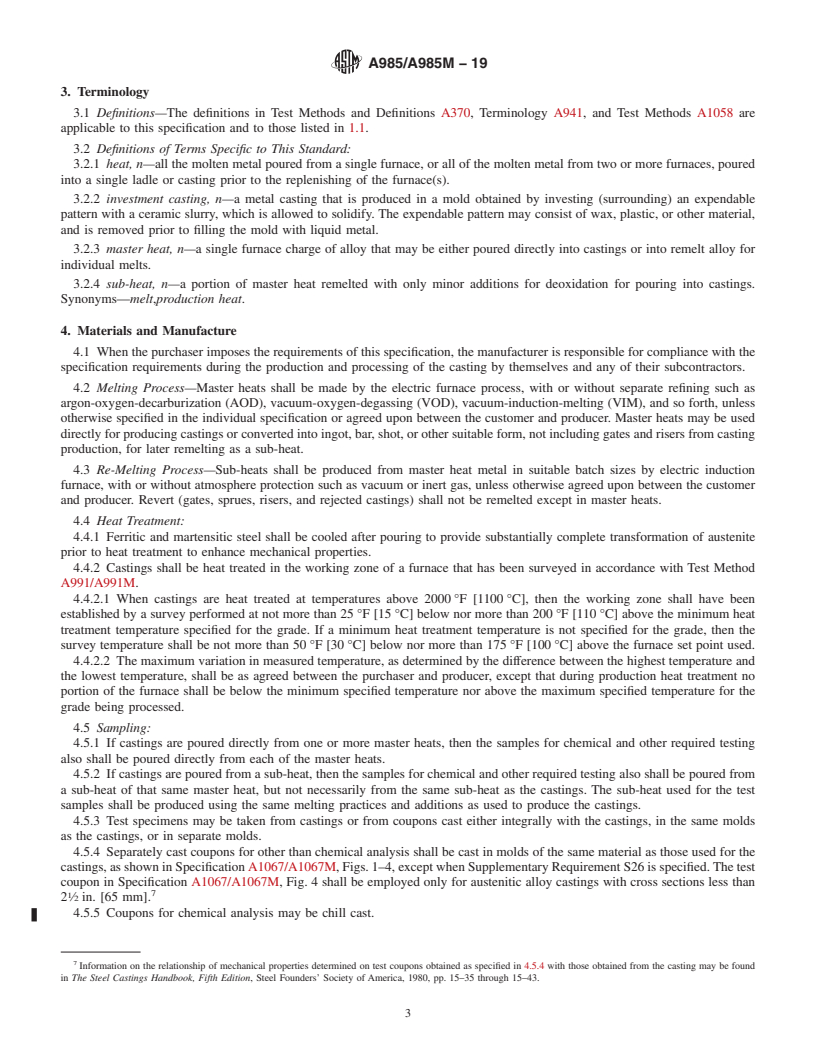 REDLINE ASTM A985/A985M-19 - Standard Specification for  Steel Investment Castings General Requirements, for Pressure-Containing   Parts